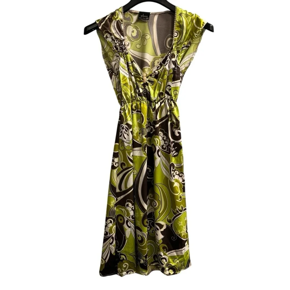 Vintage Y2K Johann Dress Green Brown Satin Babydoll Deep‎ V Size S/M Retro 70s